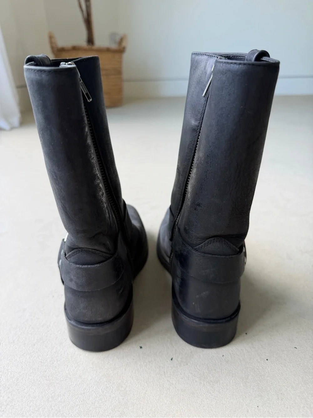 Old West Black Leather Harness Zip Cowboy Boots
